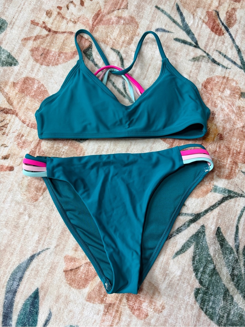 Full Tilt Girls Teal Bralette Bikini with Pink and Blue Strap Accents XS (7/8)
